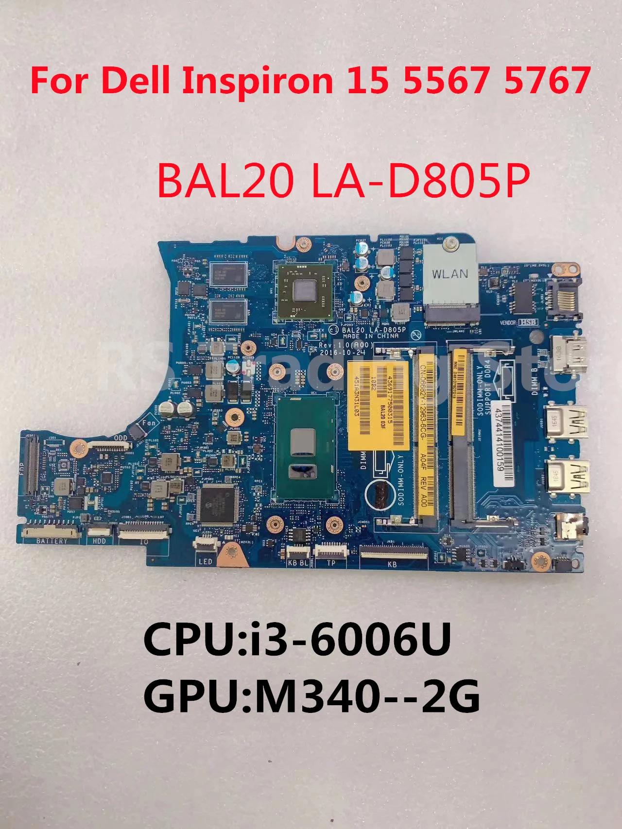 

CN-06682Y 06682Y 6682Y For DELL Inspiron 15 5567 5767 Laptop Motherboard BAL20 LA-D805P With I3-6006U DDR4