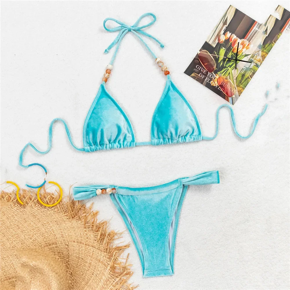

Light Blue Velvet Swimwear Halter String Thong Micro Bikini 2025 Sexy Swimsuit Women Bead Bathing Suit Triangle Bikinis Sets