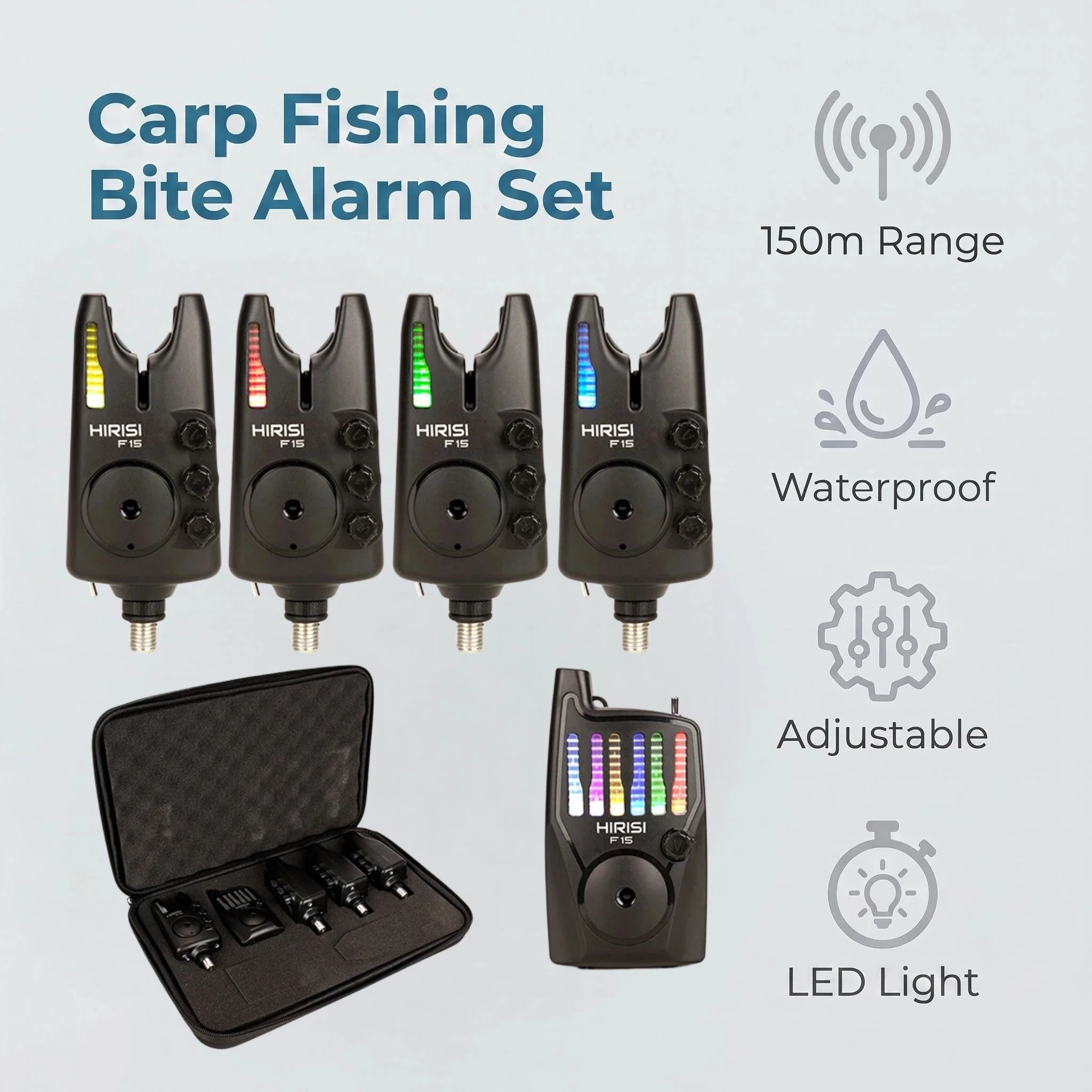 Hirisi Karpfenangel-Bissanzeiger-Set 4+1 Set Kabellos LED Wasserdicht Einstellbare Lautstärke Empfindlichkeit für Karpfen- und Grobfischangeln F15