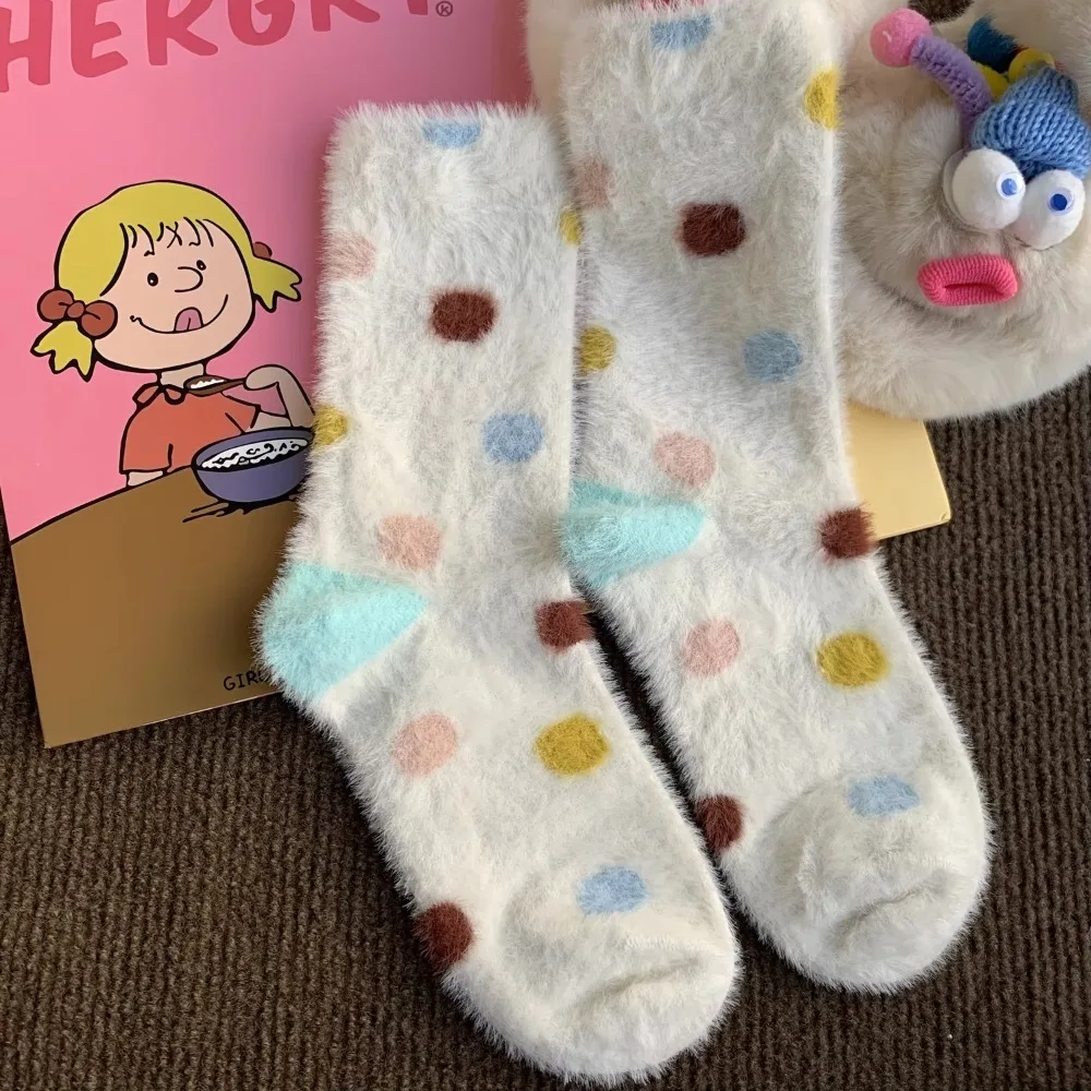 

Warm Sleeping Floor Stockings Winter Thickened Female Elastic Striped Snow Boot Socks Cute Mink Velvet Middle Tube Socks