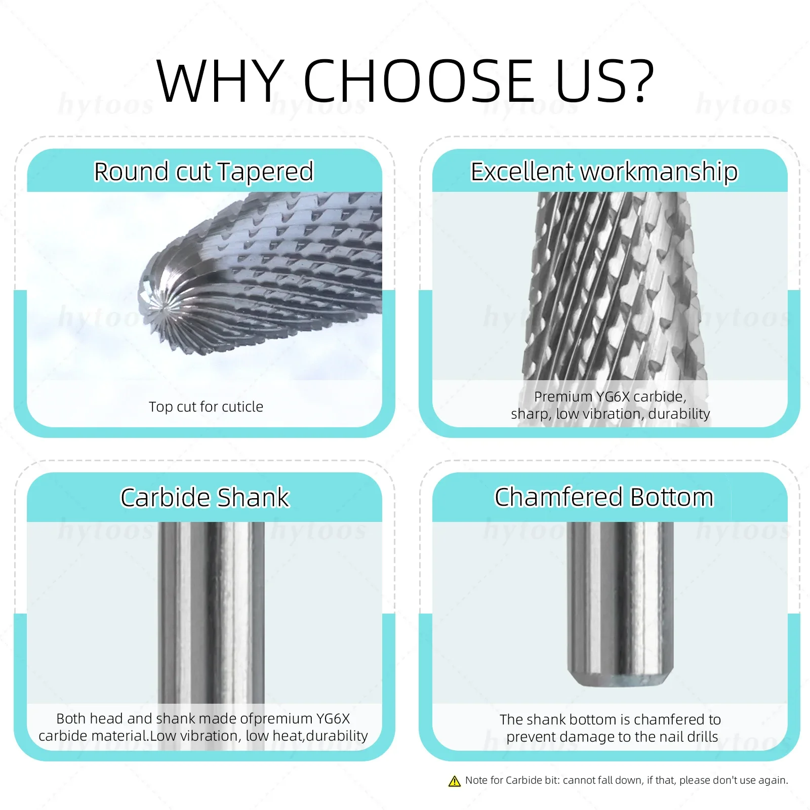 Wiertła do paznokci HYTOOS Safety Carbide, okrągłe, stożkowe, do grubego żelu i akrylu, profesjonalne elektryczne wiertła do manicure.