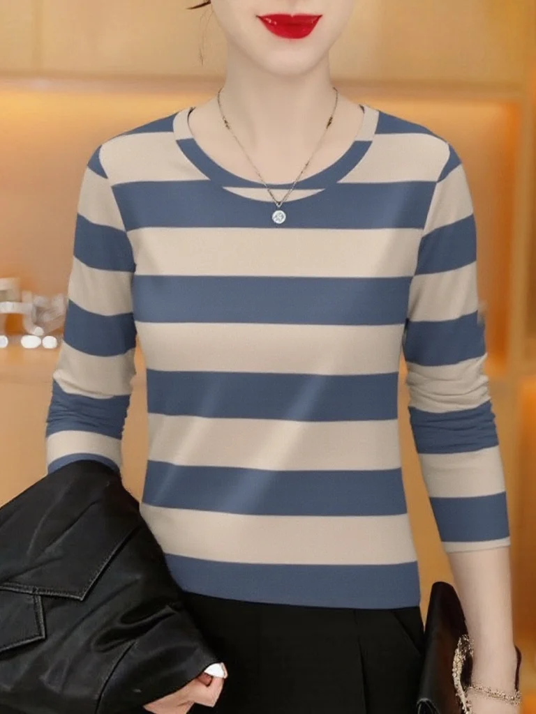 

Элегантная женская футболка с длинным рукавом и круглым вырезом в полоску, приталенная, из дышащего полиэстера, для женщин среднего возраста