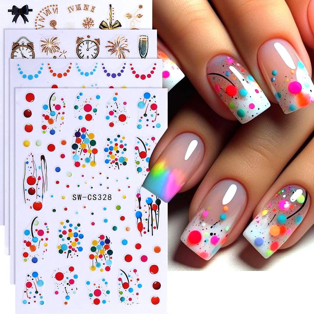 

4/5 шт. новогодние наклейки для ногтей, Радужный горошек, французские советы, 2026, обратный отсчет, фейерверк, узор, наклейка для ногтей, наклейка для маникюра, декор
