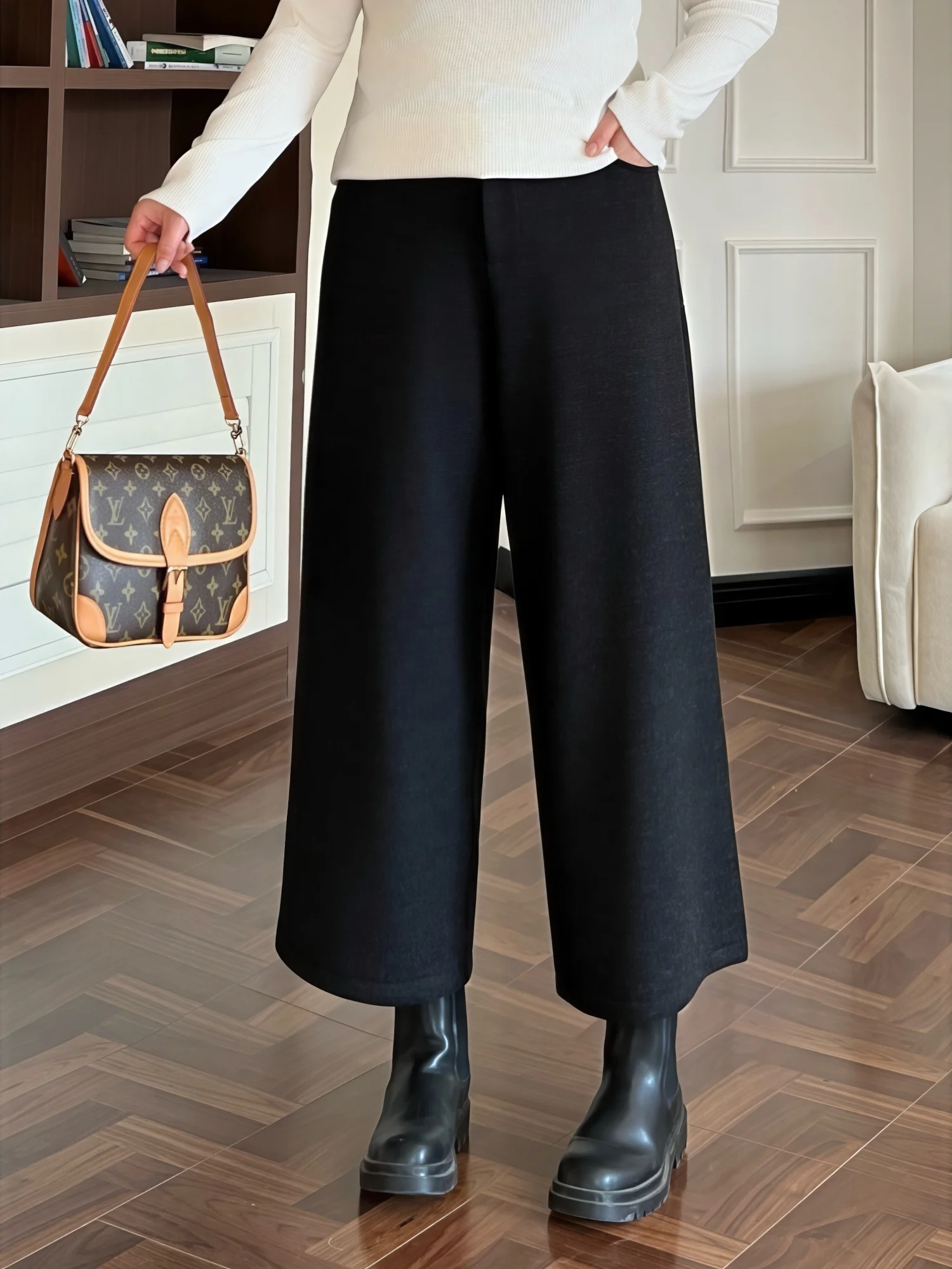 

Модные женские теплые широкие брюки больших размеров с высокой талией на подкладке, модные утягивающие зимние брюки с девятью точками