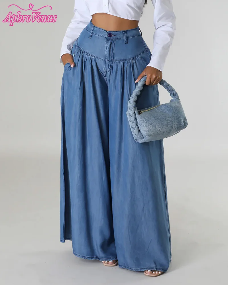 Women Pleated Wide Leg Flared Pants 2024 New Y2k Casual Solid Color Long Wide Leg Flared Jeans High Waist Holiday Loose Pants