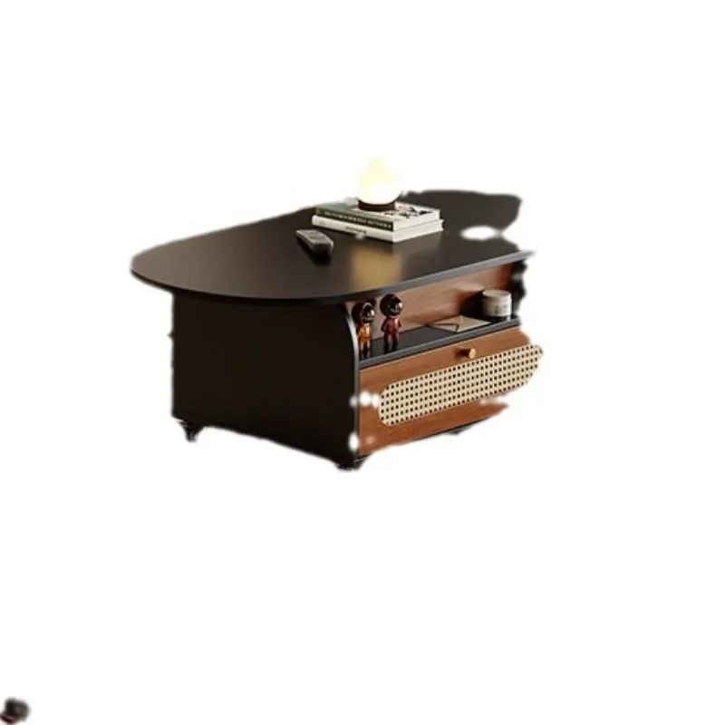 

Vintage Style Mobile Lift-Up Coffee Solid Wood Home Double-Sided Storage Rattan Weaving Living Room