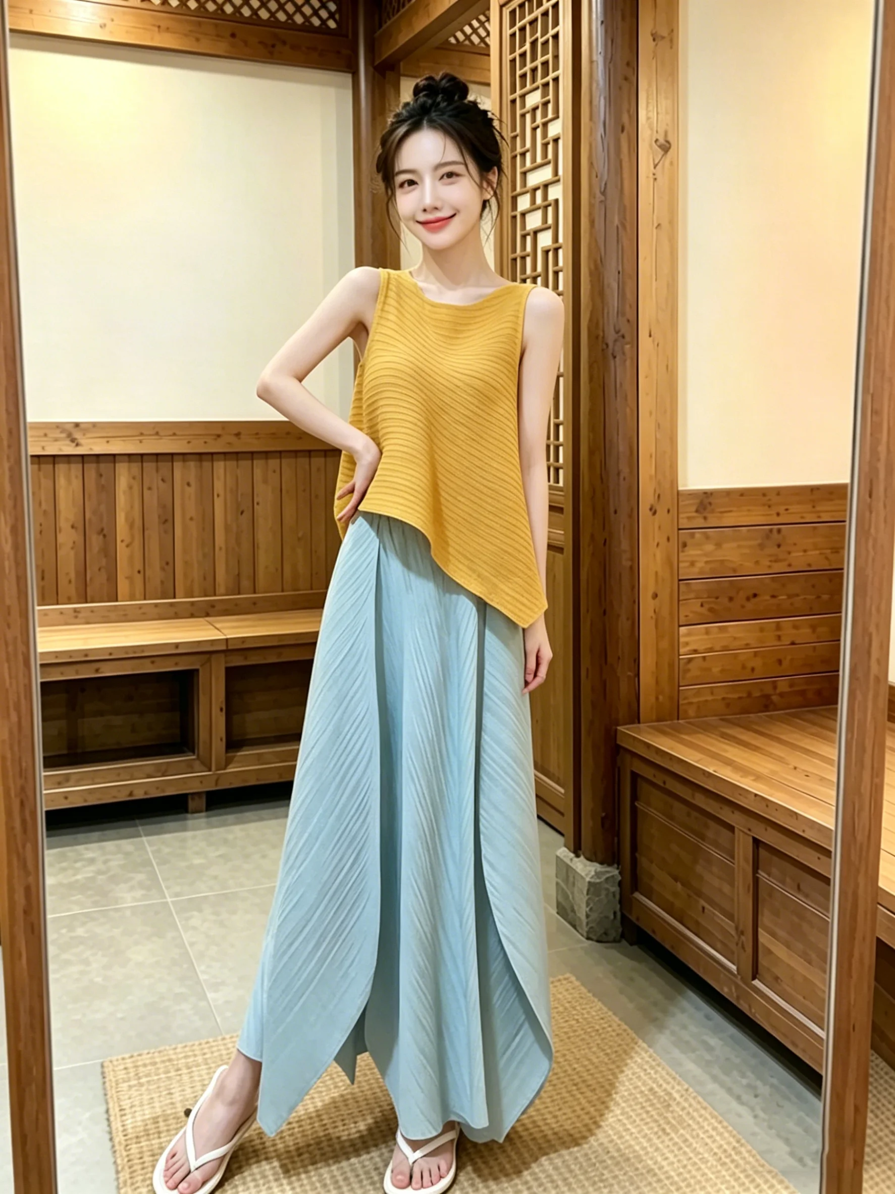 

Sweet Summer Korean Style Women's Comfortable Pleated Asymmetrical Vest Top High Waist Flower Skirt by Sanza Art Creation