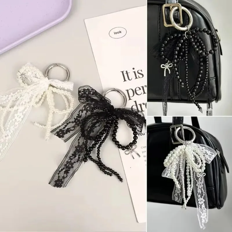 Women Cute Lace Bow Keychain White Black Silver Bag Pendant Phone Chain Package Accessory