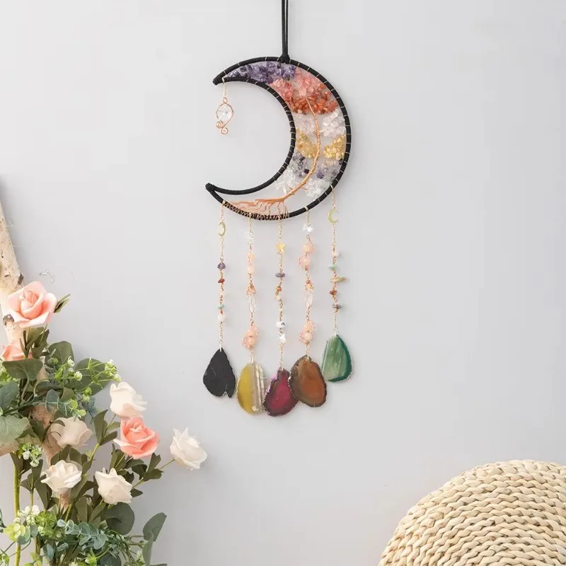 Colorful Crystal Agate Prism Window Hanging Moon Decor Sun Catcher Wind Chime Rainbow Maker Feng Shui Energy Meditation Gift