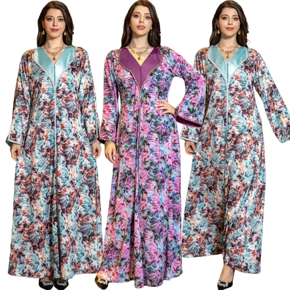 Vestido de cetim feminino, estampado, torção, strass, guarnição de fita, marroquino, Jalabiya, Dubai, Caftan, Abaya, novo, Outono, 2020