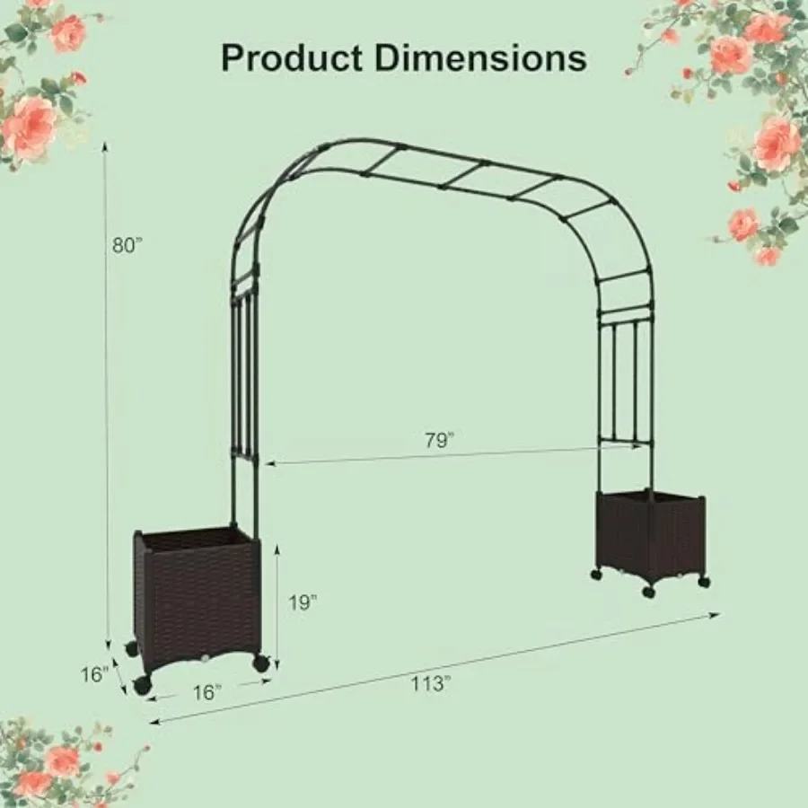 Garden arbor for backyard and patio use, made of metal, black finish, features self-watering system, drainage design, lockable