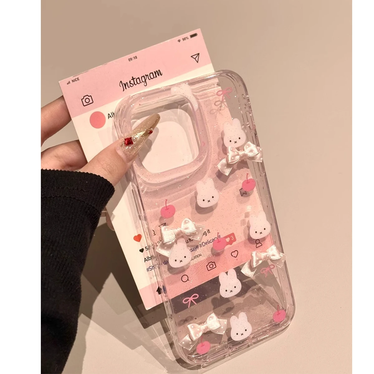 

Miniso Cartoon Cute Pink Apple Miffy Rabbit Chain Pendant Anti Drop Girl Style Phone Case Suitable for Iphone 16 Promax