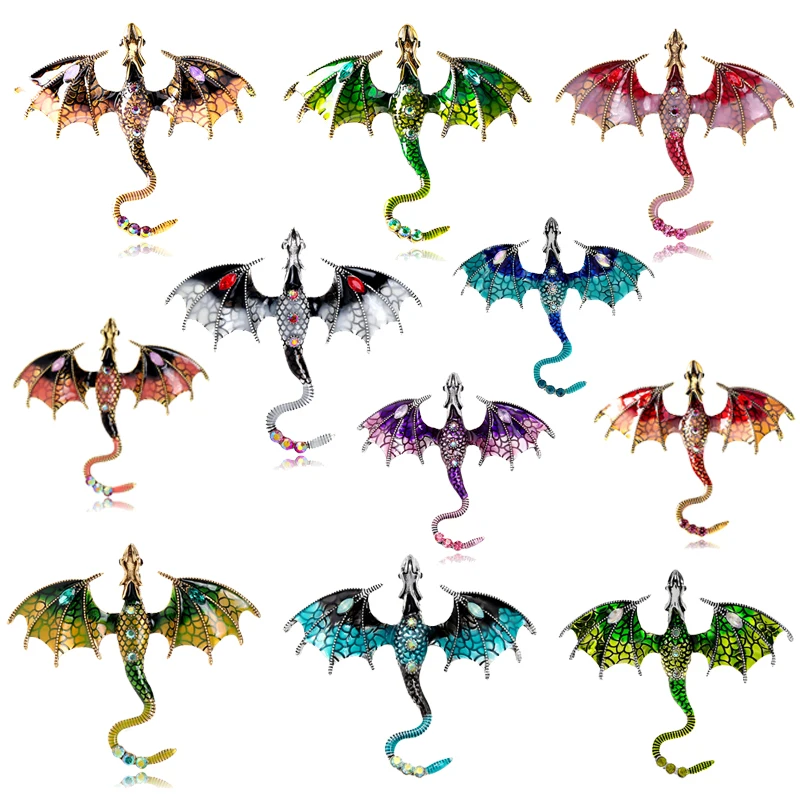 Hot Selling Enamel Dragon Brooch Colorful Shiny Rhinestones Flying Animals Pterodactyl Wyvern Party Office Women Men Pin Gifts