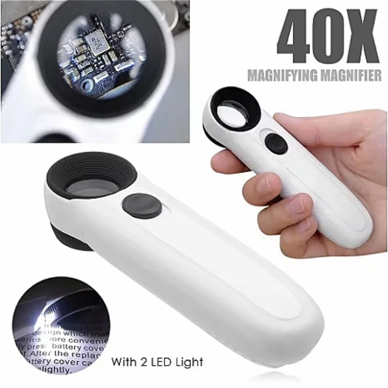 40X Handheld LED Magnifying Glass Pocket Magnifier For Jewelry Coin Watch Mobile Circuit Tiny Parts Inspection Tool