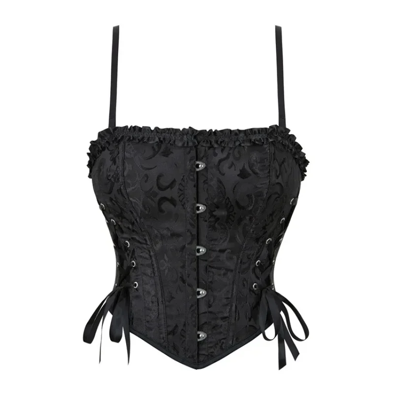 Damen Overbust-Korsett, sexy, schwarz, schmal geschnitten, Camisole mit Schnürung, Jacquard-Bustier-Top, Vintage-Partykostüm, Schultergurt-Design