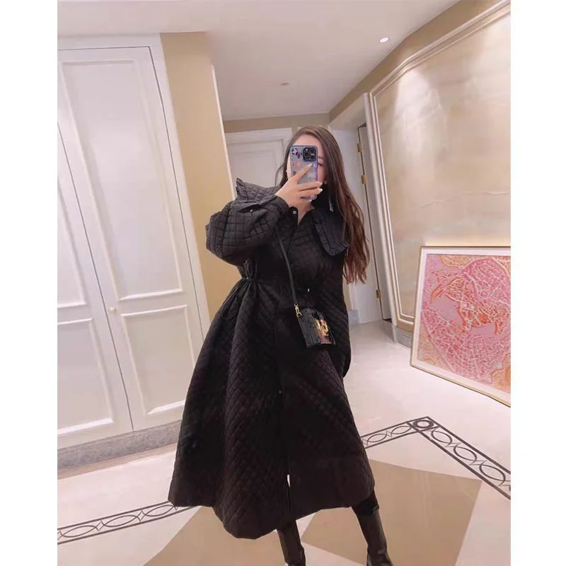 Diamond Plaid Temperament Cotton Coat Cotton Coat Women\'s 2023 Mid length Winter Loose Simple Slim and Thickened Coat Commuting