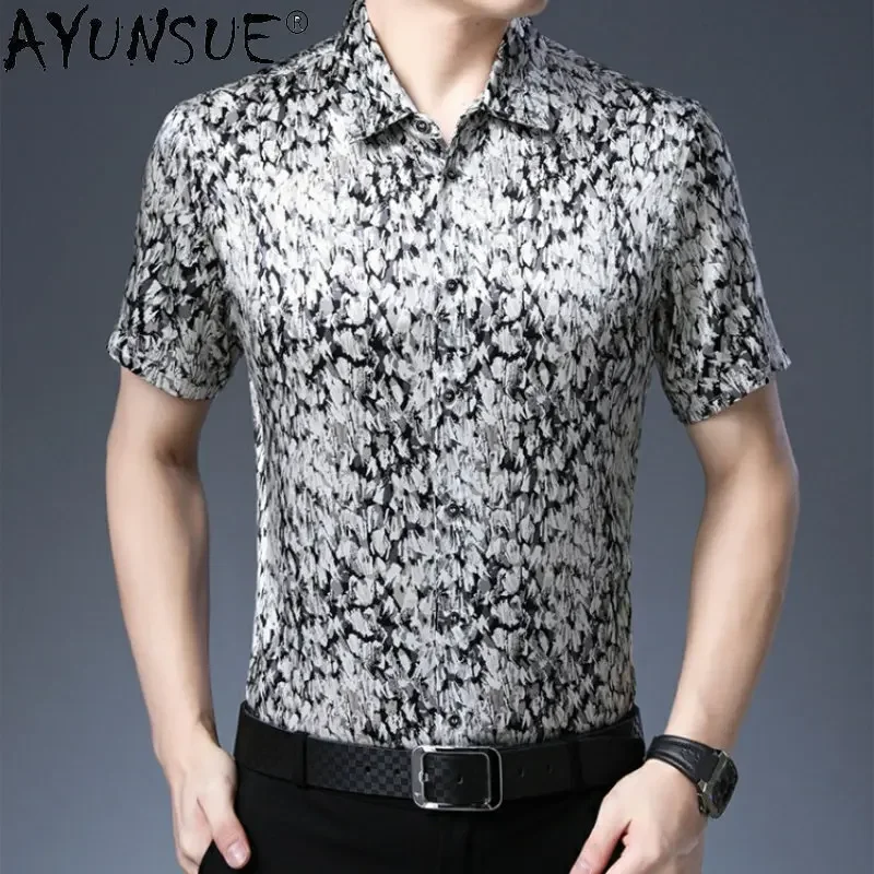 

92% Mulberry Real Silk Shirts for Men T Shirts High Quality Short Sleeved Casual Printed Shirt Fashion Clothes for Men Blusas