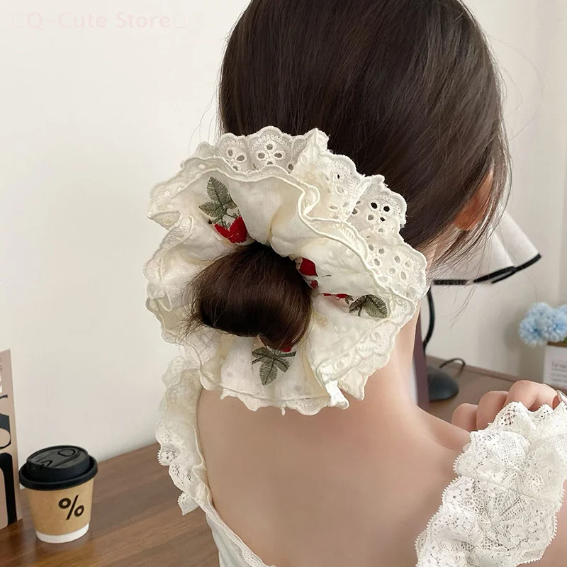 

Sweet Embroidered Cherry Four-Layer Lace Large Wide Scrunchie Hair Band For Women Girls Elegant Headband Scarf Hair Accessories