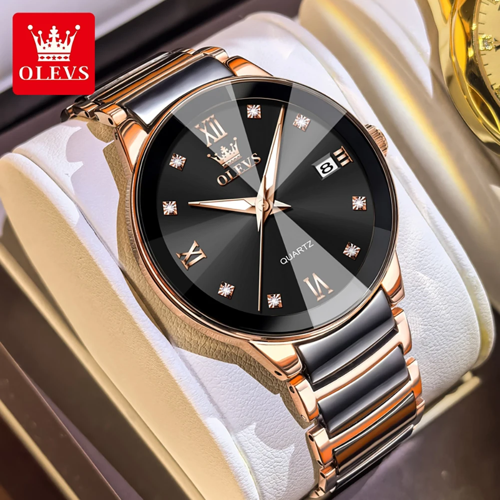 OLEVS 7114 Man Watch Original Ceramic Strap Auto Date Waterproof Luminous Fashion  Quartz Diamond Watch for Men