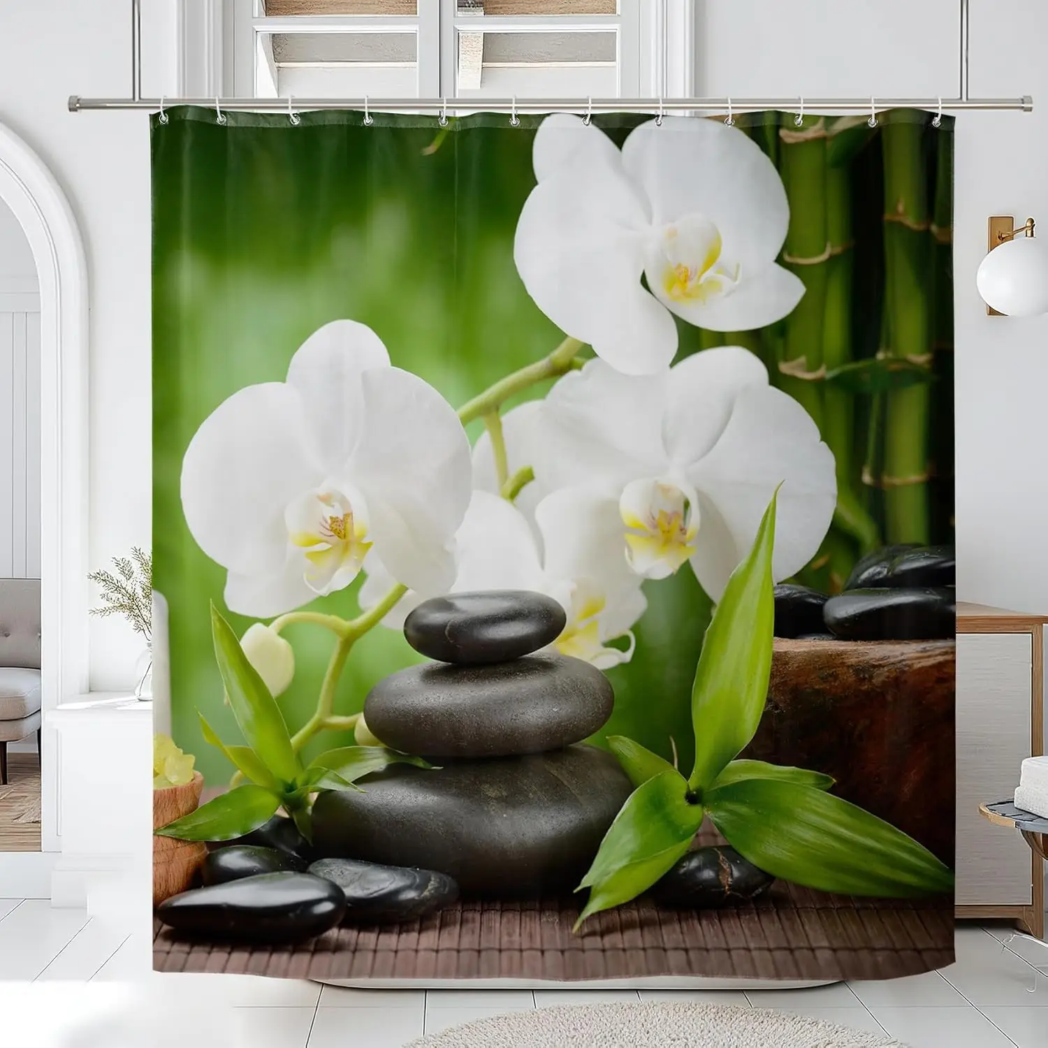 

Занавеска для душа Zen Spa, черная базальтовая занавеска для душа с камнями дзен, японские цветы, листья бамбука, духовая занавеска для душа для медитации для ванной комнаты