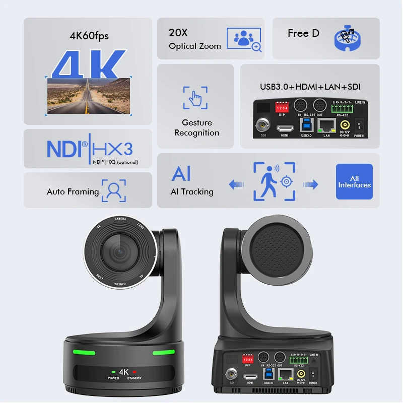 

4K PTZ Camera 20X Optical Zoom AI Auto Tracking With HDMI SDI LAN Live Streaming Webcam,PTZ Conference Room Camera For Church