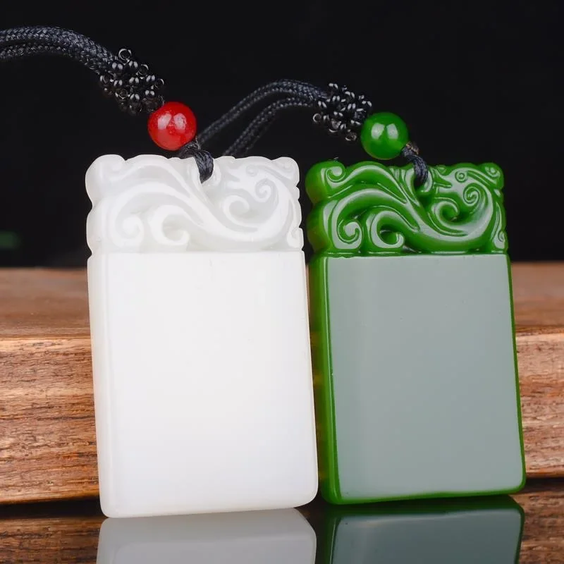 

Natural Green Hetian Jade Stone Cuboid Pendant Necklace Carved Chinese Jadeite Jewelry Charm Reiki Amulet Gifts for Women Men