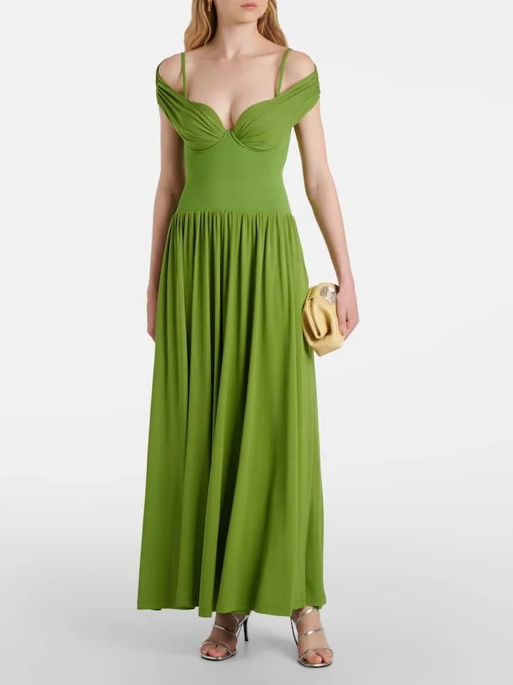 Elegantes grünes schulterfreies gerafftes Mieder-Maxikleid für Damen, Spaghettiträger, Party-Resort-Kleider, 2025, neue Sommer-Vestidos