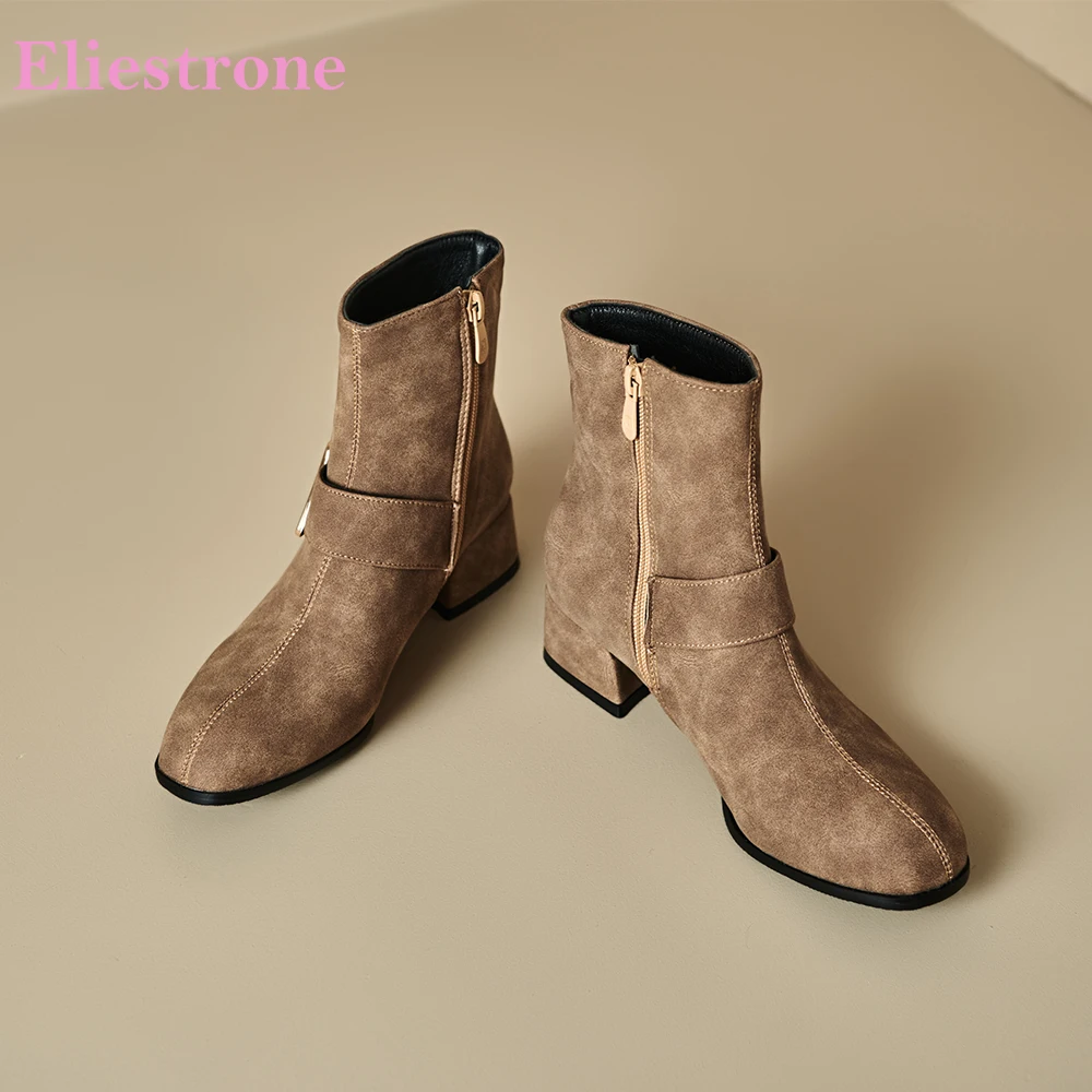 

2025 Новые зимние модные черные коричневые женские ботильоны с круглым носком на среднем каблуке, женские модельные туфли, большие размеры 12, 32, 42, 45 48