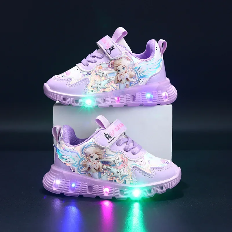 

Disney Kids Girls Shoes Children Sneakers Girls LED Light Elsa Frozen Princess Casual Sport Shoes Student Pink Purple Teen Shoes