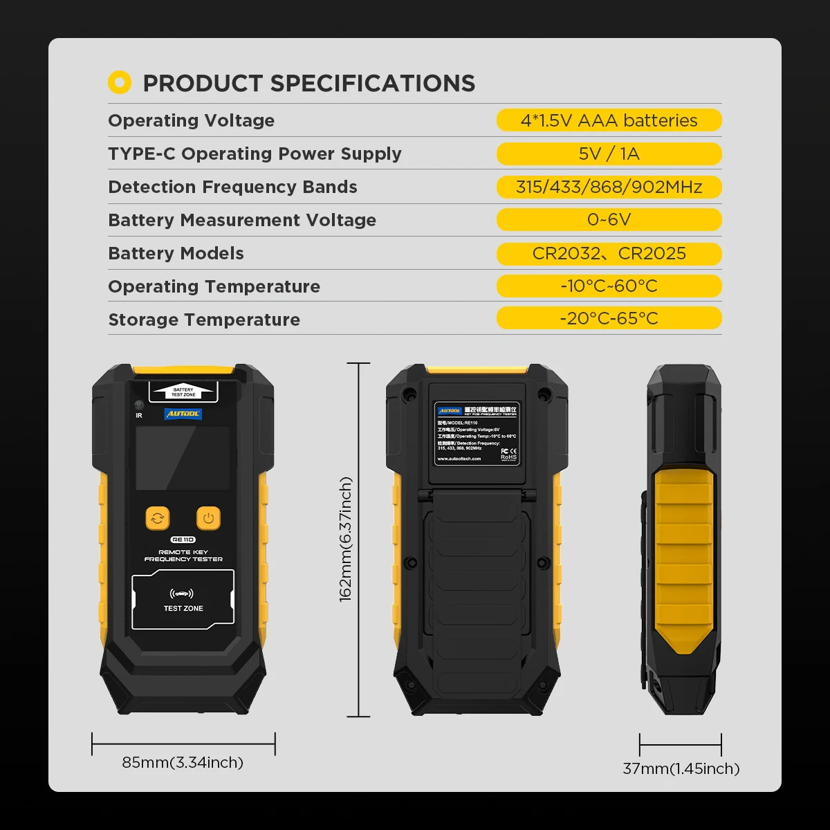 AUTOOL RE110 Cr2032 Cr2025 315 433 868 902 Mhz Car Remote Key Frequency Tester Diagnostic Tools