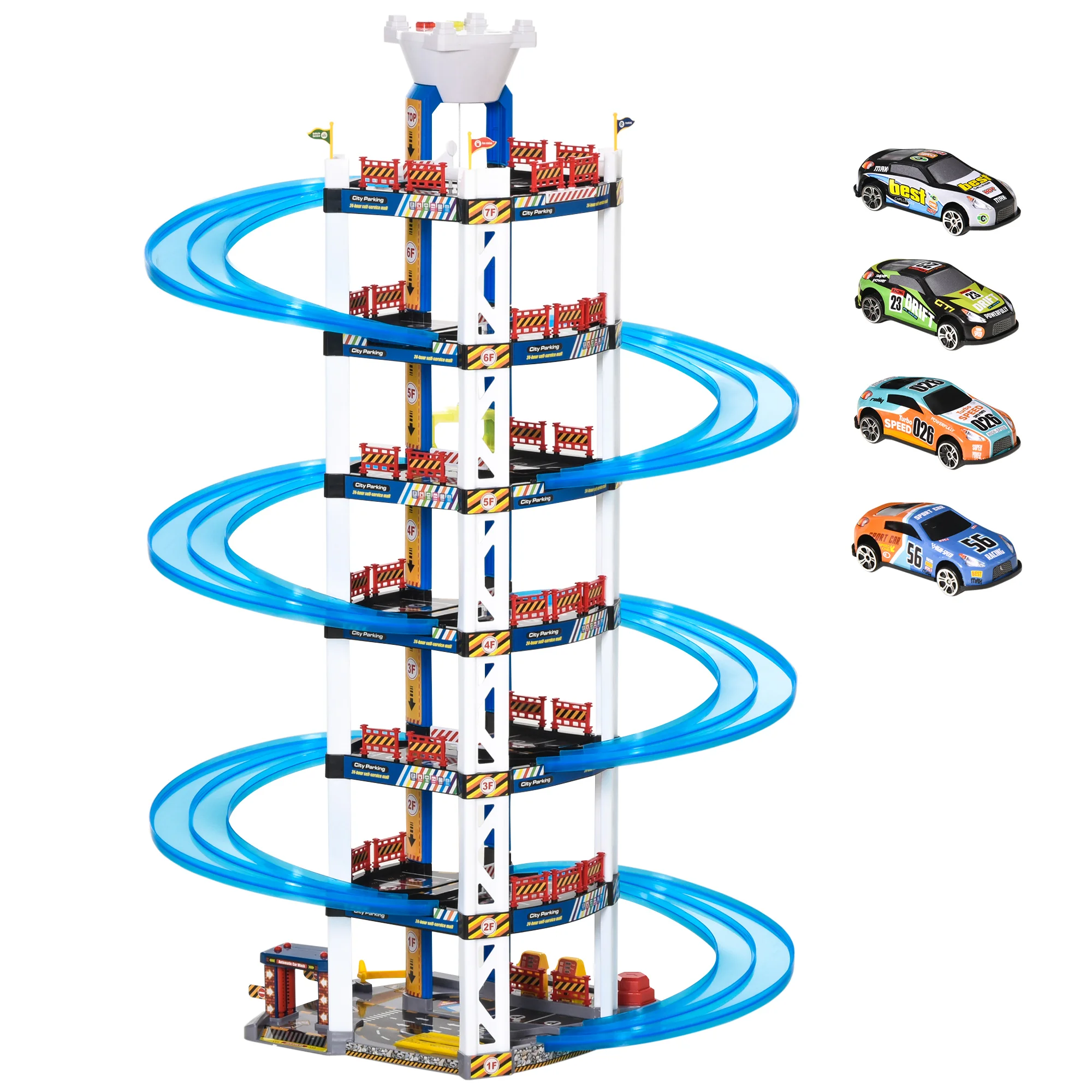 HOMCOM 7-storey children's Parking toy garage includes electric elevator with light and sound double track and 4 racing cars for + 3 years 64x59x113 cm blue and white