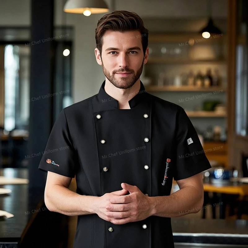 

Hotel Chef Jacket Restaurant Black Short Sleeve Chef Uniform Cook Coat Chef T-shirt Baker Work Uniform Waiter Clothes Women Logo