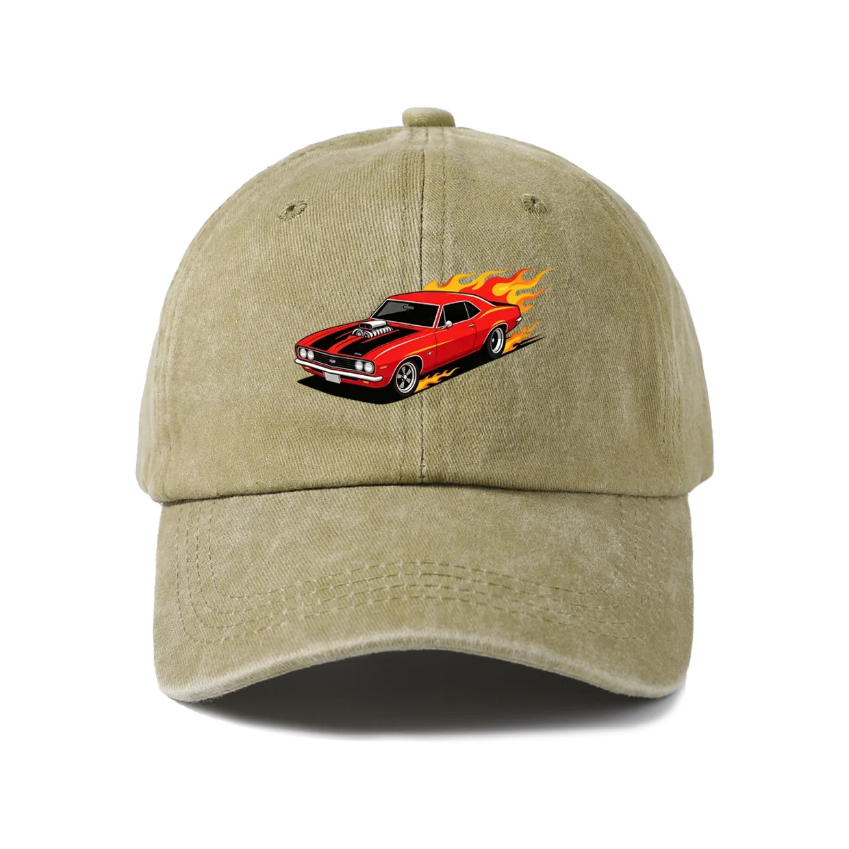 Classic Muscle Car Flames Graphic Baseball Cap, Vintage Washed Adjustable Unisex Dad Hat, Retro Car Lover Gift