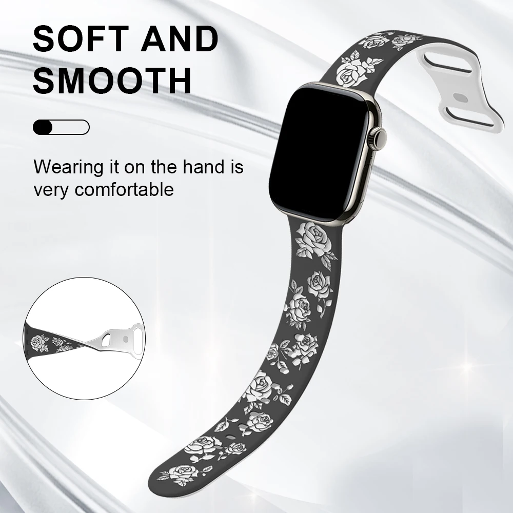 Silicone Strap For Apple Watch Band Ultra 49mm 46mm 42mm 45mm 44mm 41mm Rose Carving Sports Bracelets for iWatch 10 9 8 7 6 5 SE
