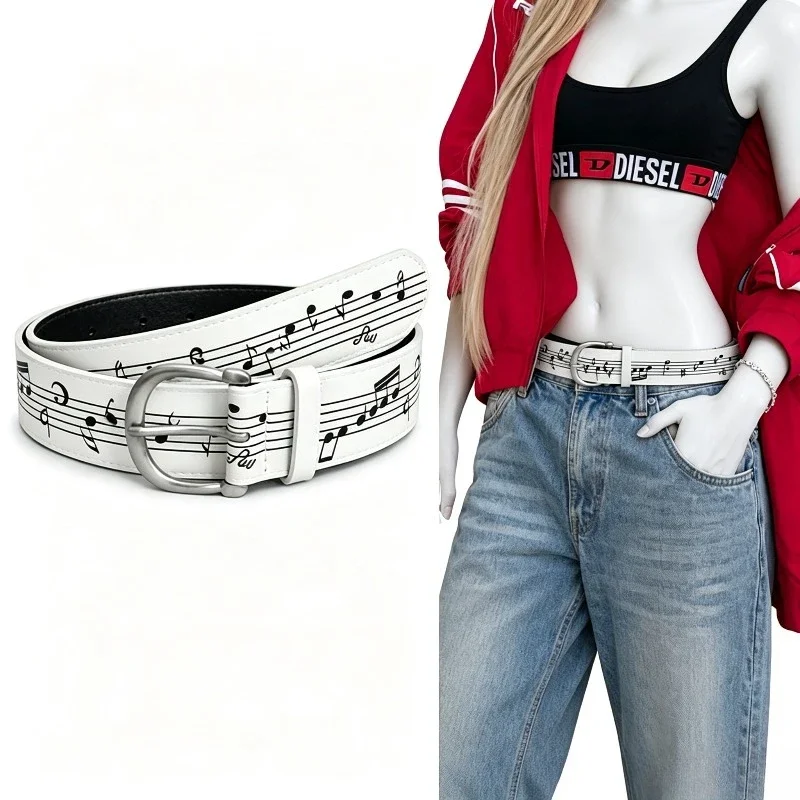 Vintage Music Note Printed PU Waist Belt  for Women Unisex Faux PU Leather Strap Fashion Waistband Decor Accessory for Jeans