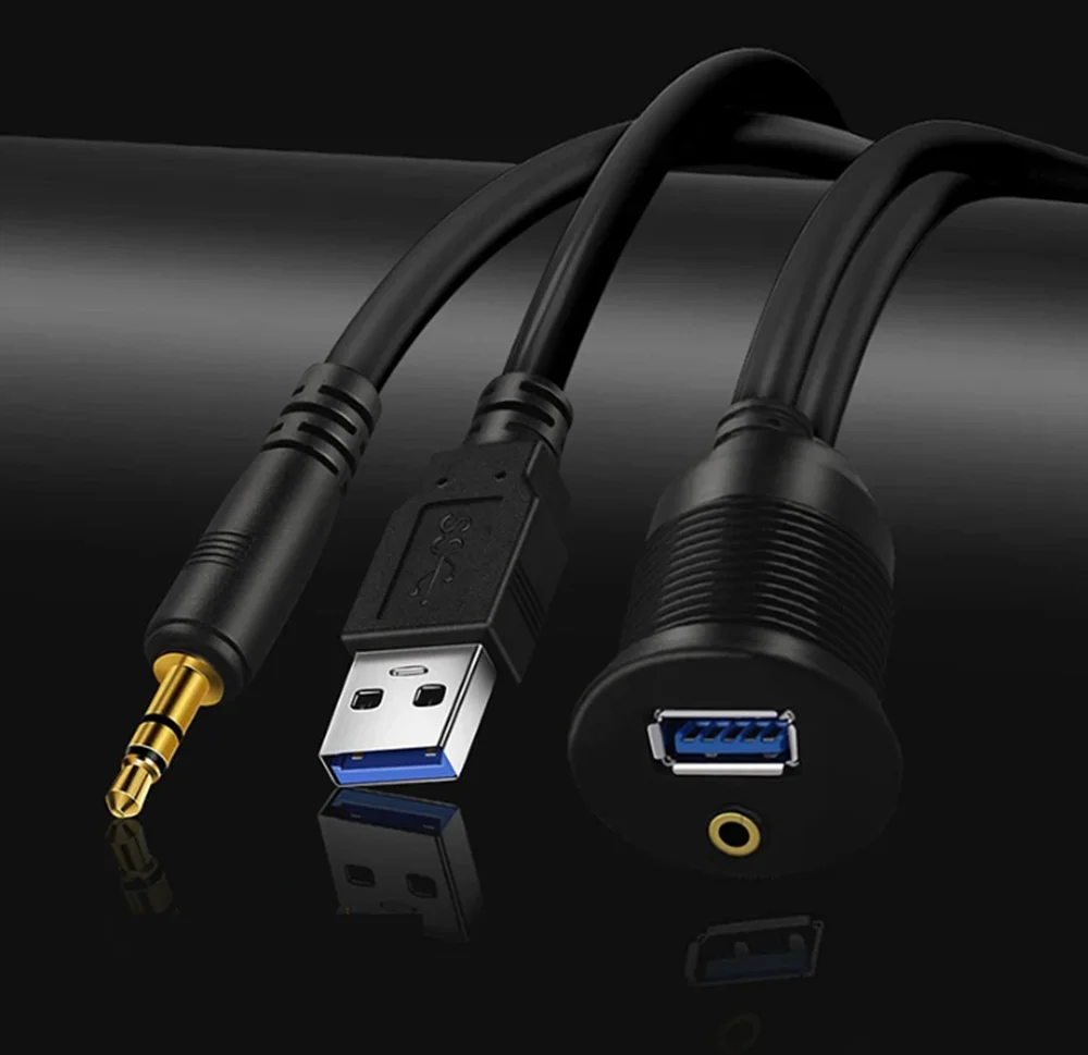 1M 3ft USB 3.0 & 3.5mm AUX Extension Mount Dash Mount Flush Mount Panel Cable for Car Boat Motorcycle Waterproof Cord