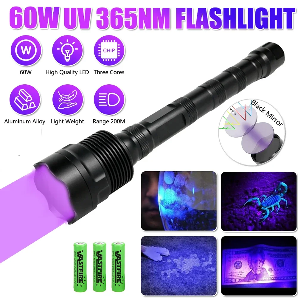 60W Ultraviolet Black Light UV Flashlight Professional 365NM 395NM Wood’s Lamp for Resin Curing, Minerals, Jade,Leak Detection