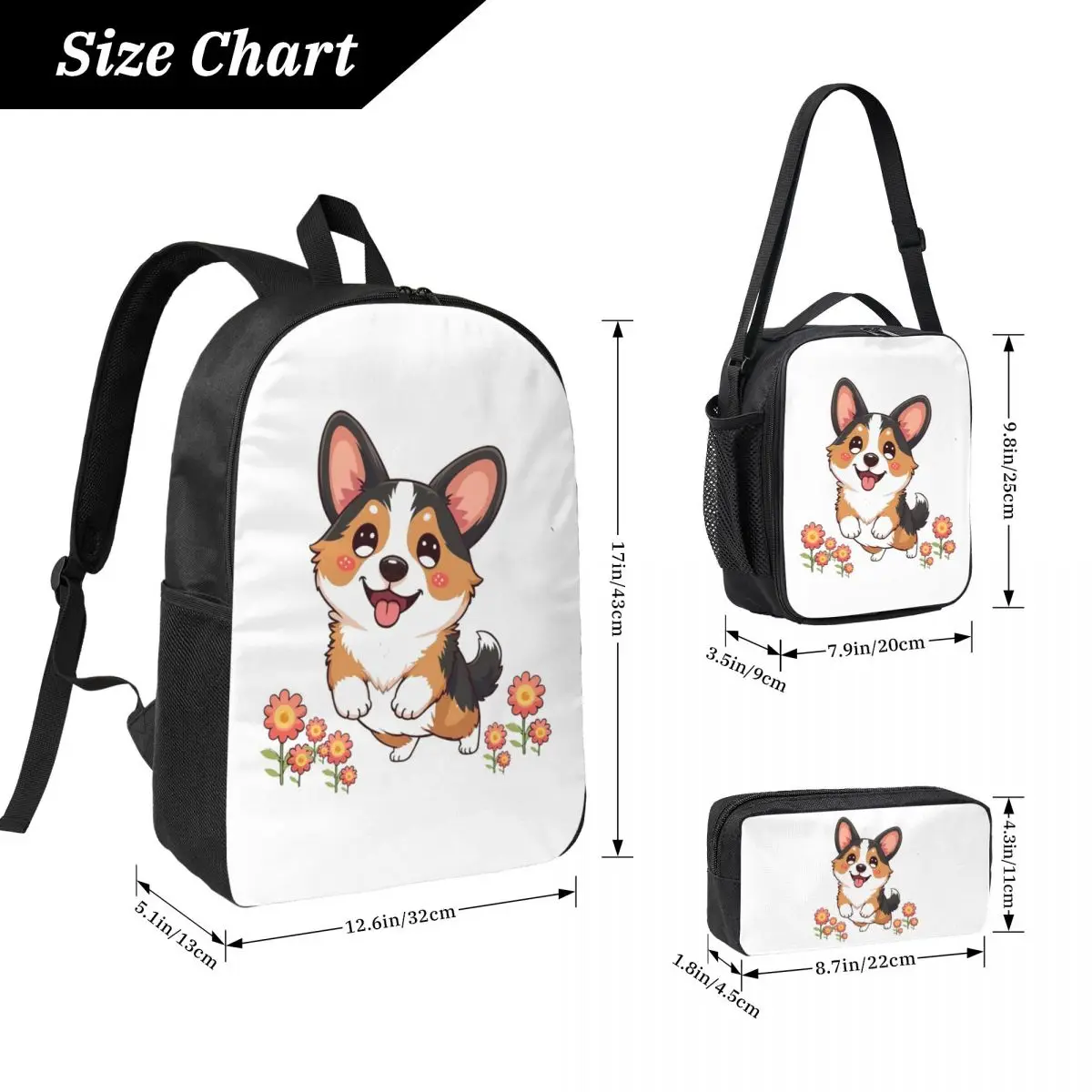 Kawaii Tricolor Corgi In The Garden Backpack BookBag School Bag Laptop Shoulder Bags 3ps Insulated Lunch Bag Pencil Case