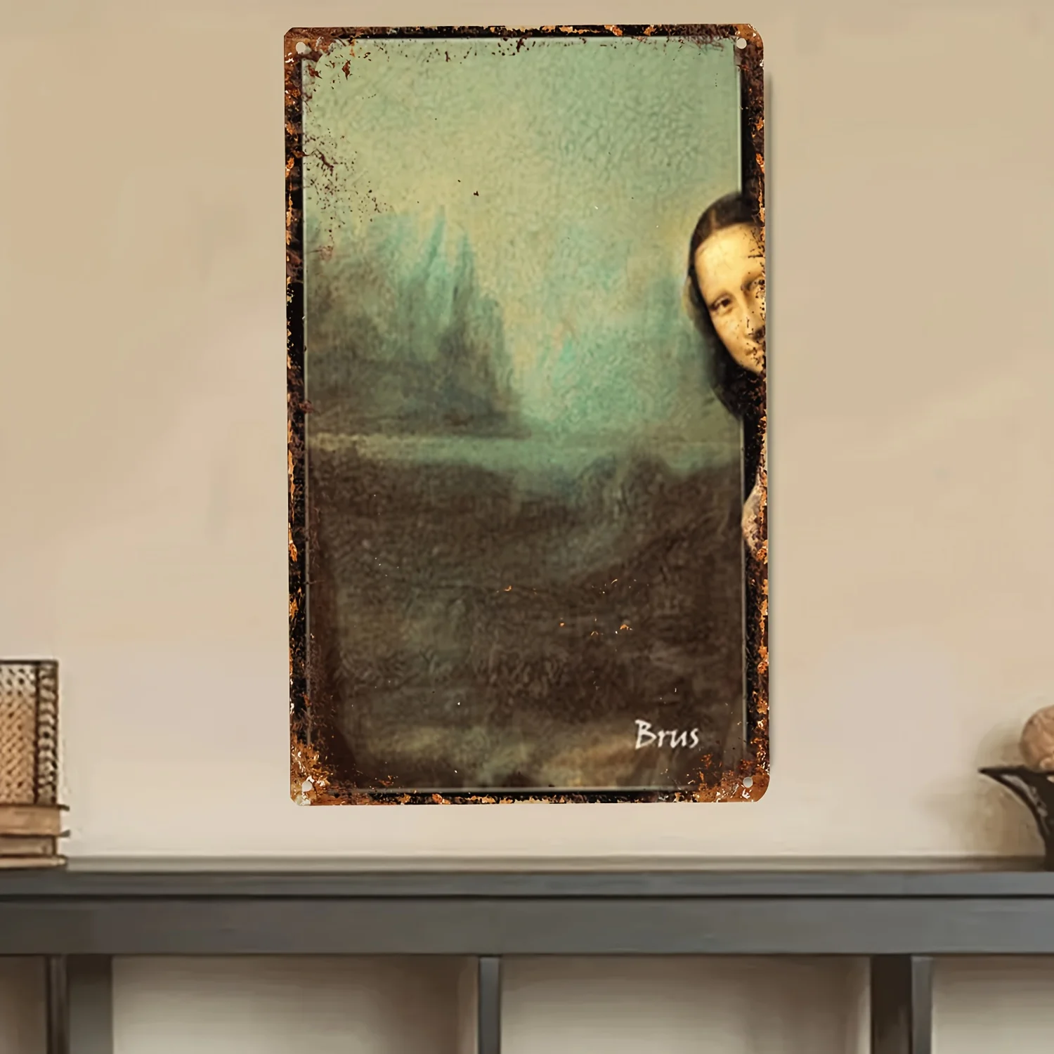 Vintage Metal Tin Sign Funny Peeking Mona Lisa Classic Oil Painting Print Wall Decor For Home Bar Bedroom Wall Art