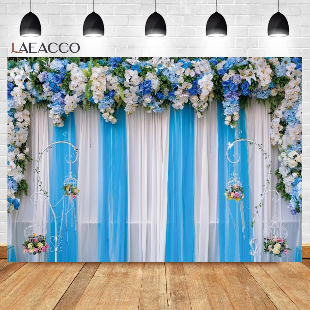 Wedding Ceremony Background Blue Flowers Floral Wall Bridal Shower Family Party Decor Bride Portrait Photography Backdrop Prop