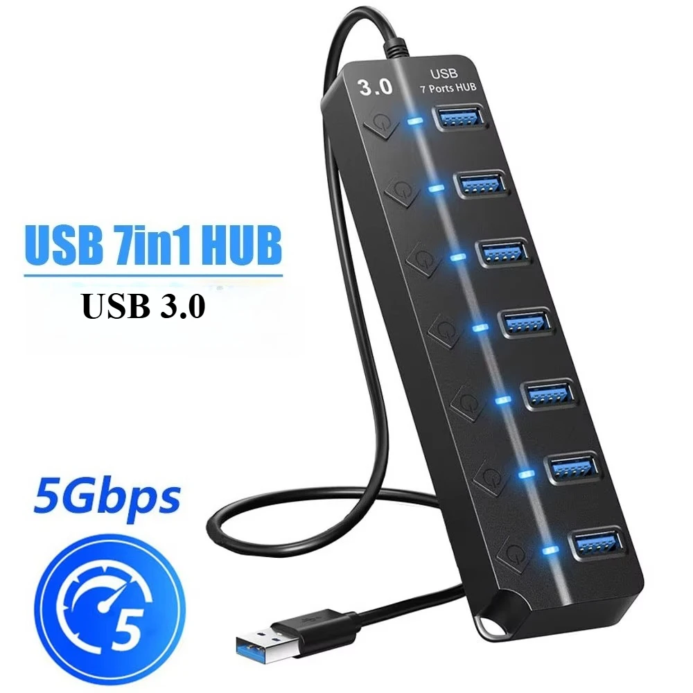 USB 3.0 Hub Multi USB Splitter Hub Use Power Adapter 7 Port Multiple Expander USB Hub with 1.2M Cable