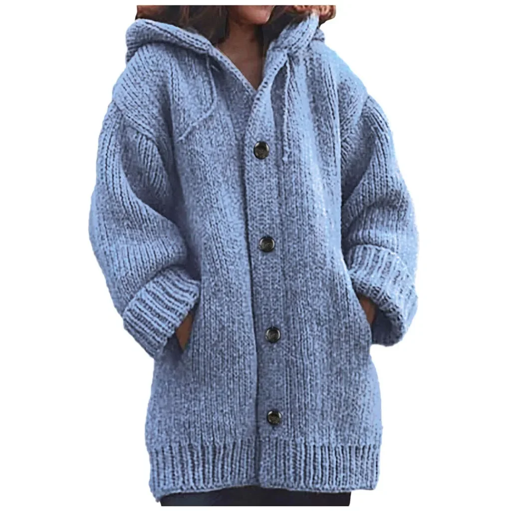 New Fashion Women Casual Warm Loose Button Hoodie Knitting Cardigan Jumper Women Long Knitted Sweater Coat Top