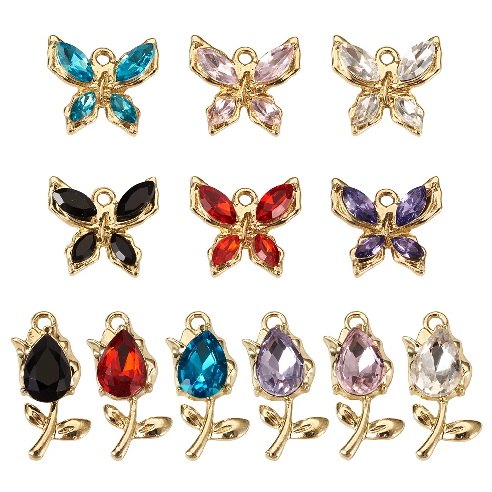 24Pcs Glass Rhinestone Pendants with Alloy Findings Butterfly & Flower Charms Mixed Color for Making DIY Jewelry Necklace Crafts