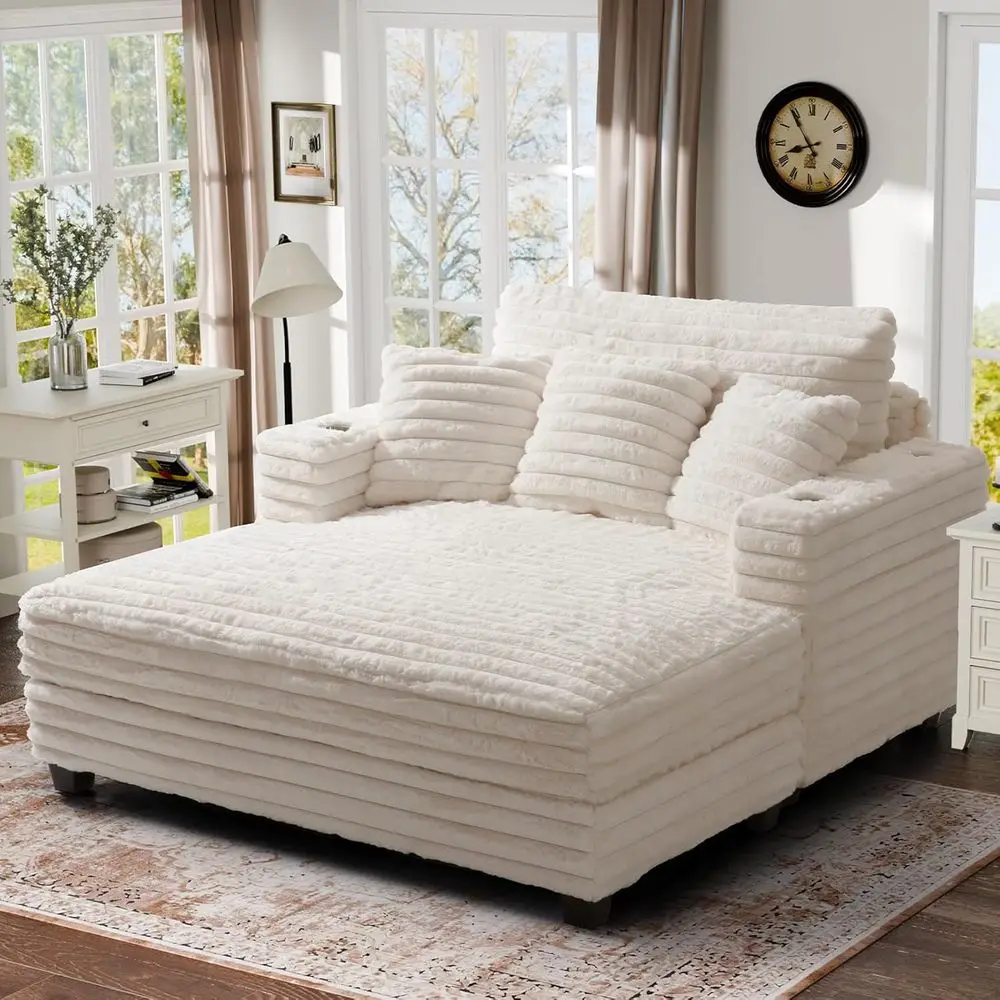 

Большое кресло-шезлонг 60 дюймов для дома с подстаканником, плюшевый диван-кровать для гостиной или спальни, бежевый