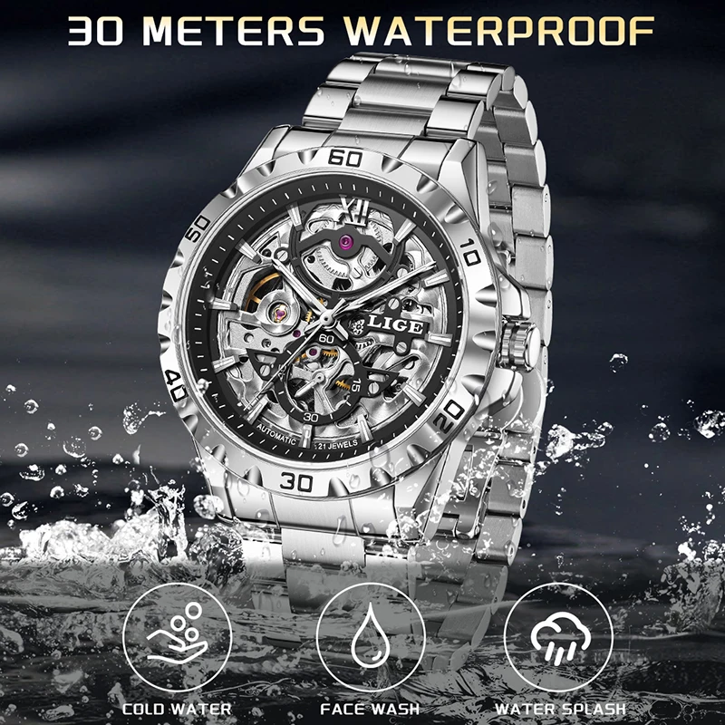 LIGE جديد الرجال ساعات المعصم الميكانيكية موضة الجوف الهيكل العظمي ساعة أوتوماتيكية للرجال عادية الأعمال الرياضة مقاوم للماء ساعة الرجال