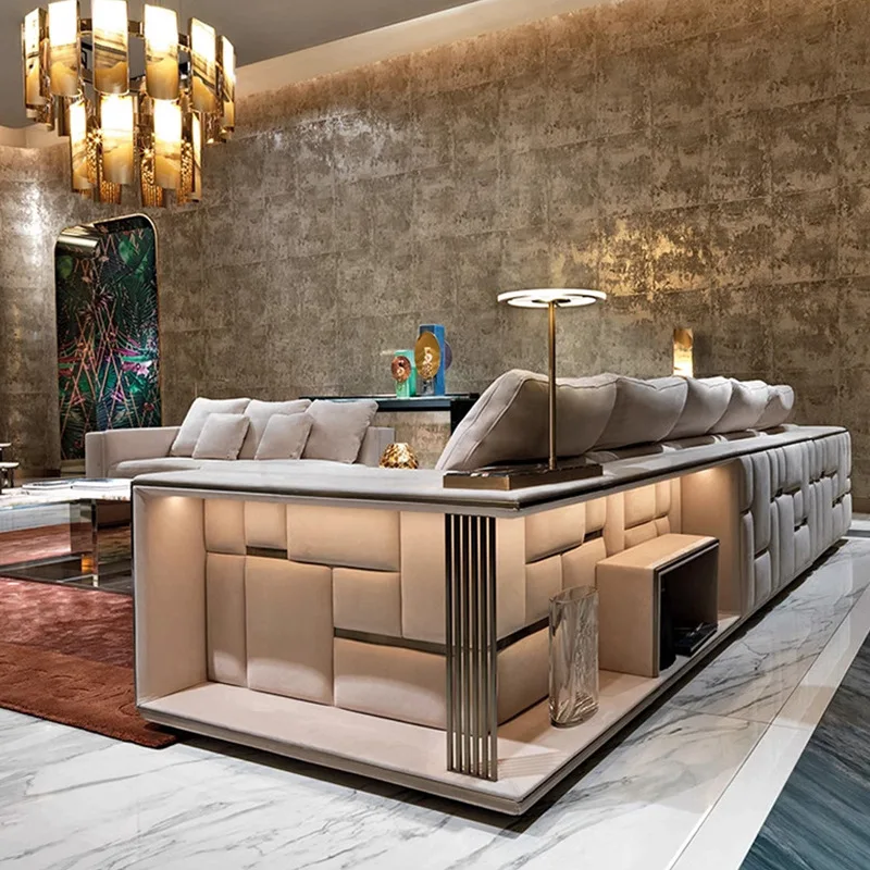 Italian light luxury first layer leather living room corner combination