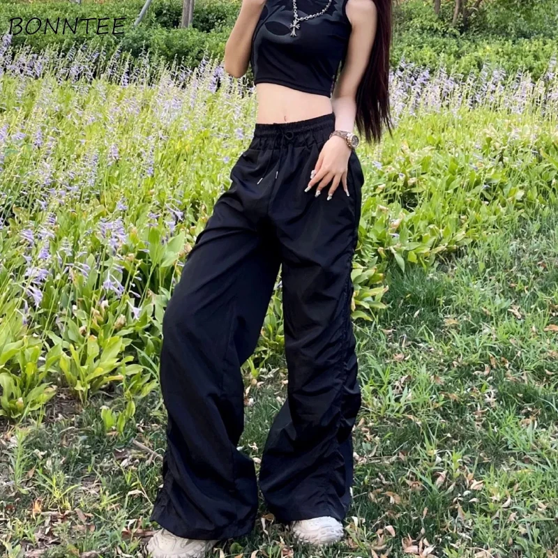 

Women Casual Pants Shirring Stylish All-match Streetwear Loose Drawstring Pockets Harajuku Hip Hop Pleated New Design Tender