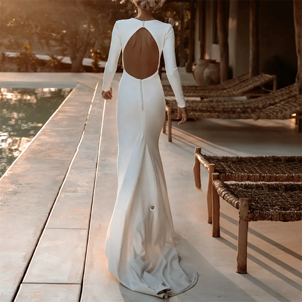 vestidos de novia  Simple Mermaid Backless Stain Wedding Dress Elegant White O-Neck Backless Long Sleeve Bridal Gowns Customize