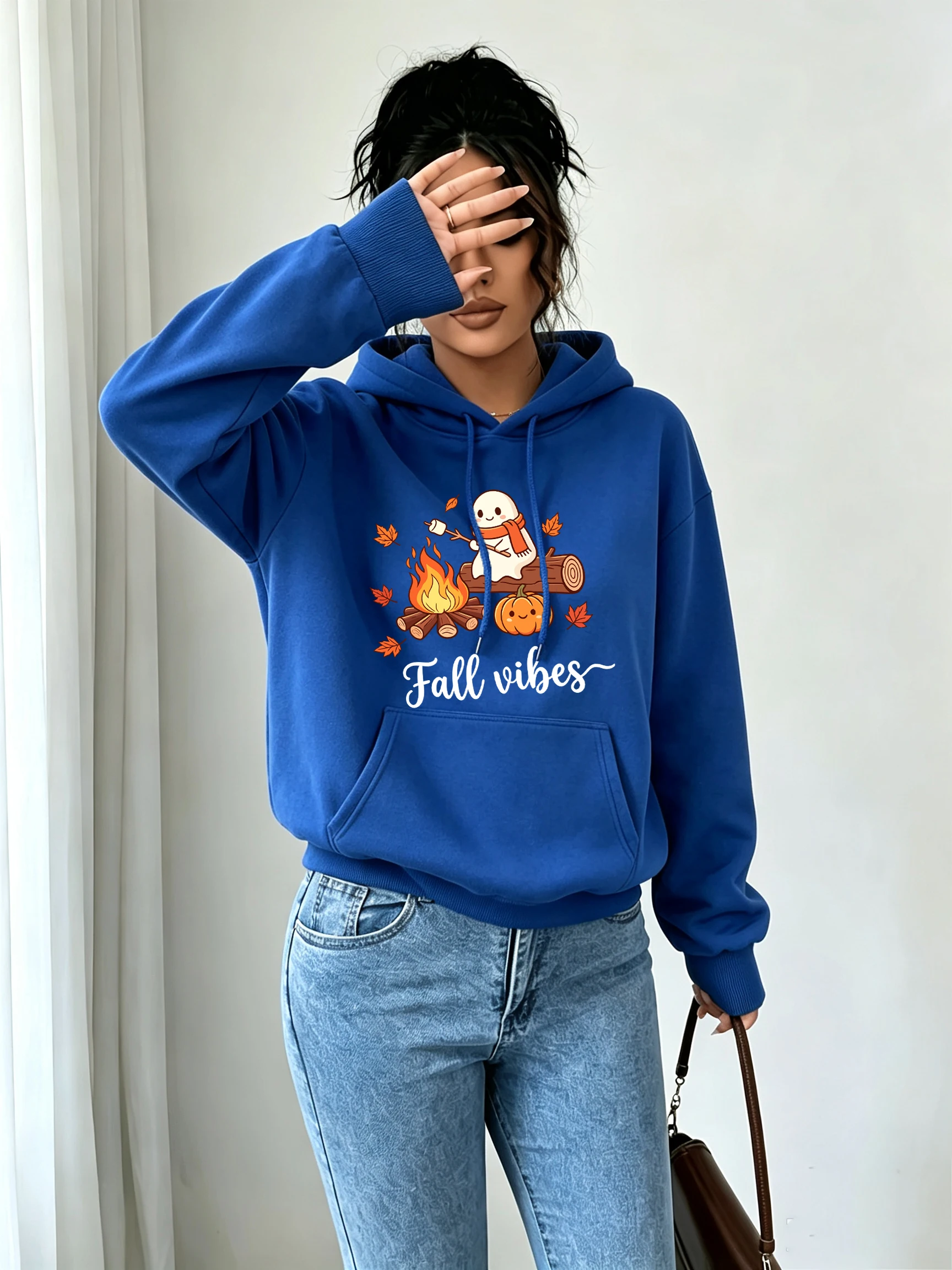 Fall Vibes Ghost Halloween Printing Women Hoody Pocket Oversized Autumn Hoodie Korean Comfortable Clothes Fleece Streetwear
