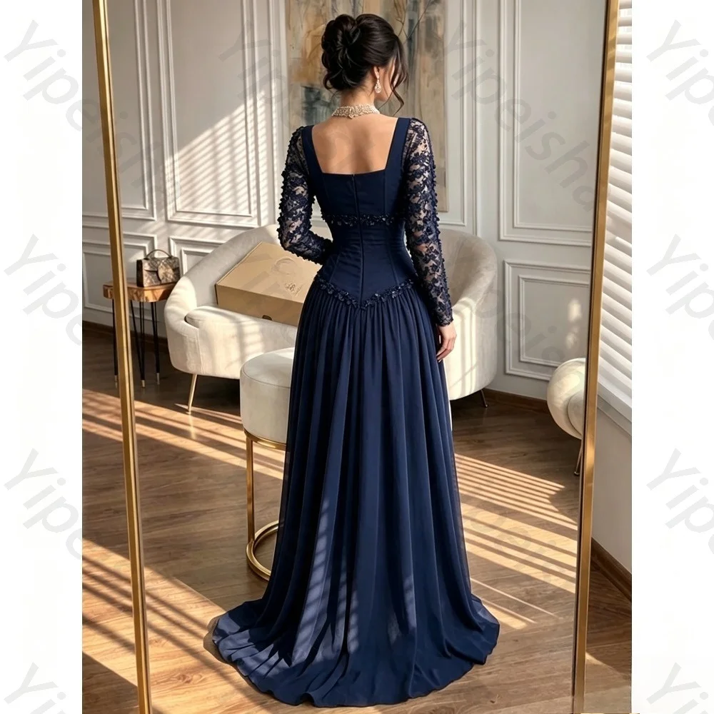 Customized 2026 Blue Square Neck Long Sleeve Lace Prom Dress Beaded A Line Evening Gown Luxury Formal Party Quinceanera Gown
